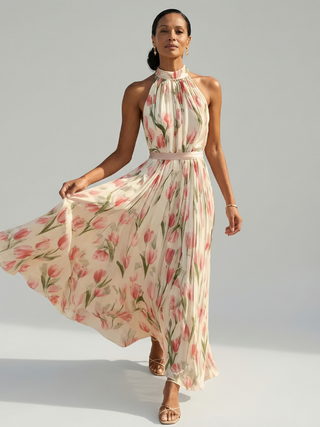 Robe Midi à Col Halter à Fleurs Aurelle