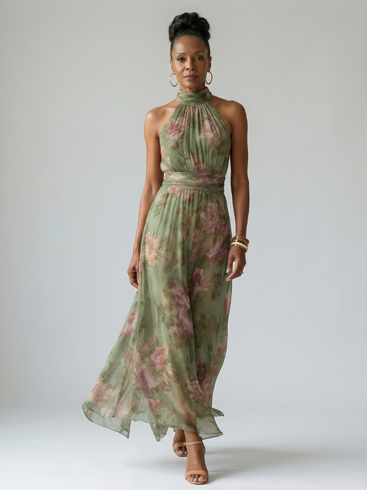 Adèle | Robe Midi à Encolure Halter Rassemblée