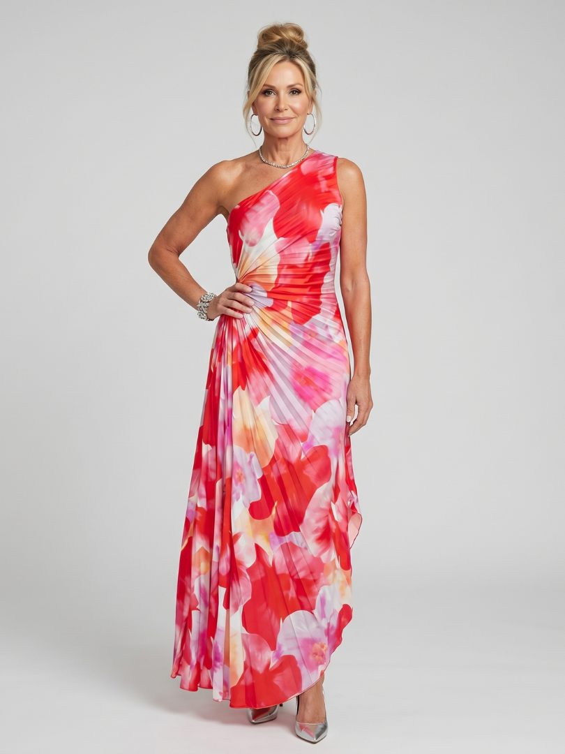 Inès | Robe Midi à Encolure Asymétrique et Corsage Plissé