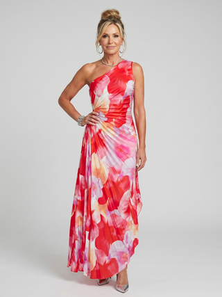 Inès | Robe Midi à Encolure Asymétrique et Corsage Plissé