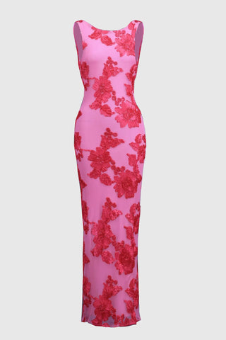 Auxane | Robe Maxi Dentelle Fleurie Fuchsia