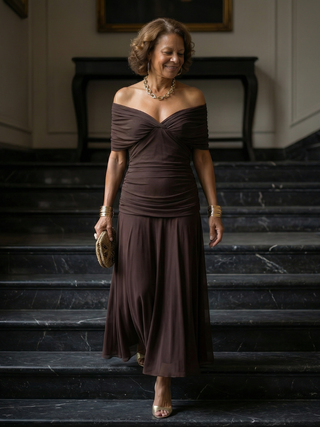 Robe Midi Décontractée à Épaules Dénudées Calen