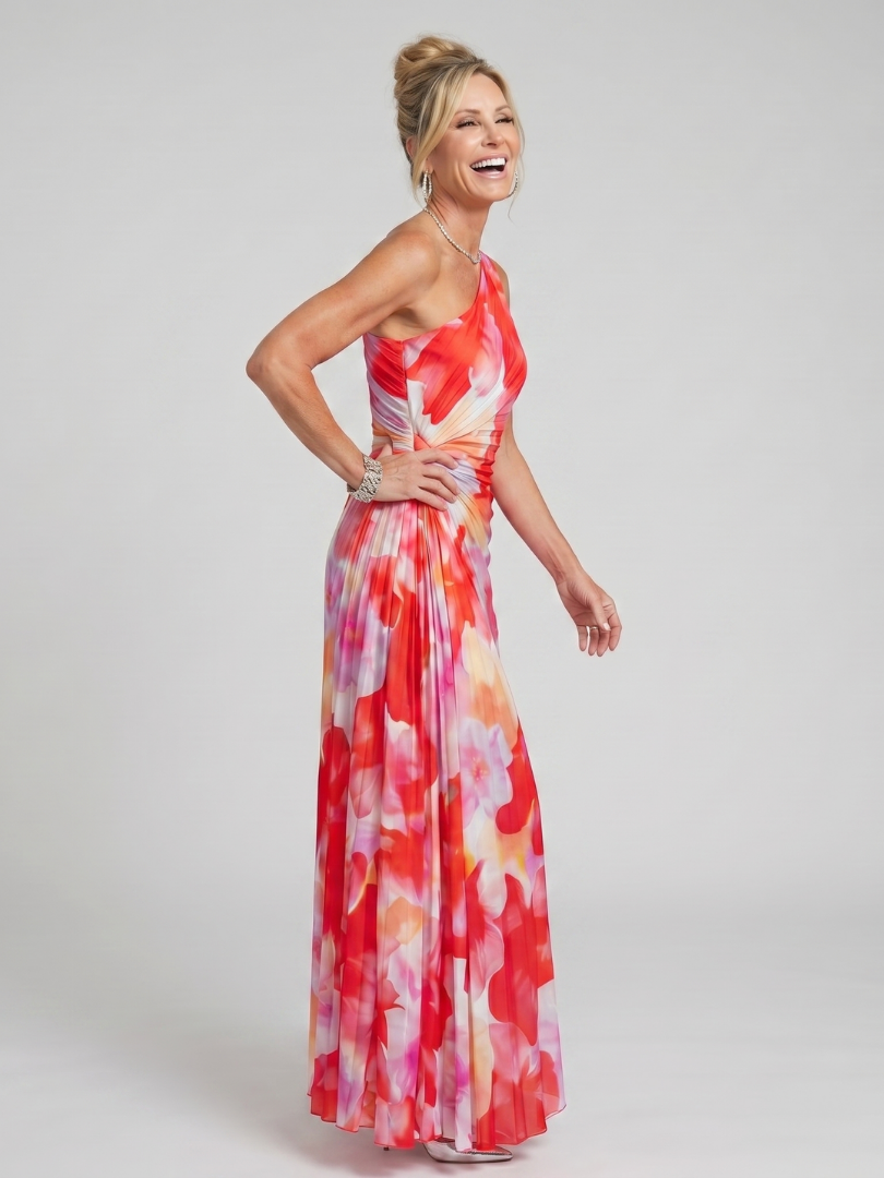 Inès | Robe Midi à Encolure Asymétrique et Corsage Plissé