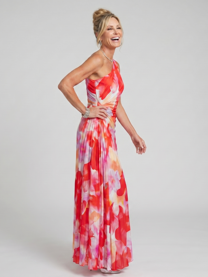 Inès | Robe Midi à Encolure Asymétrique et Corsage Plissé
