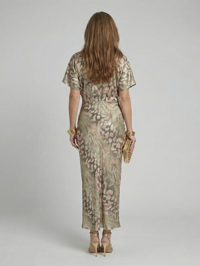 Capucine | Robe Midi à Imprimé Abstrait avec Décolleté en V et Taille Tordue