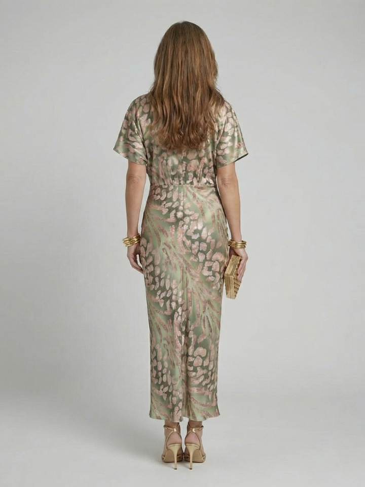 Capucine | Robe Midi à Imprimé Abstrait avec Décolleté en V et Taille Tordue