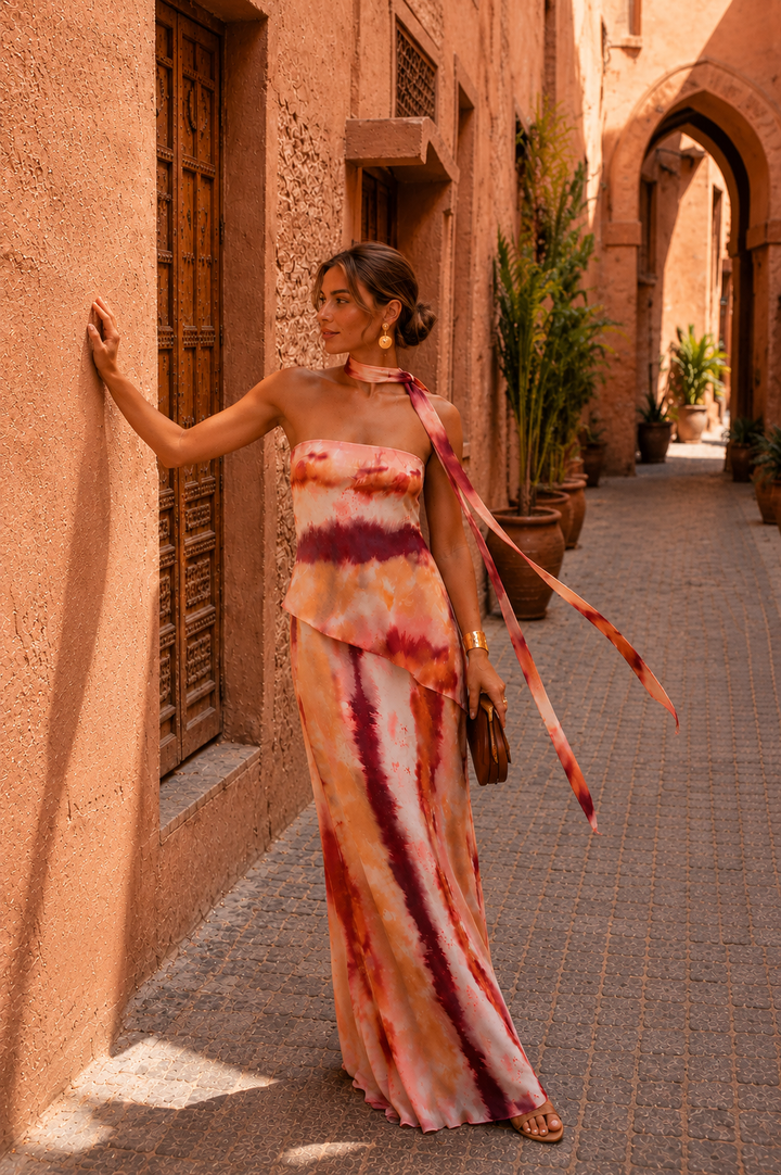 Amaryllis | Robe Maxi Bustier Aquarelle Sunset