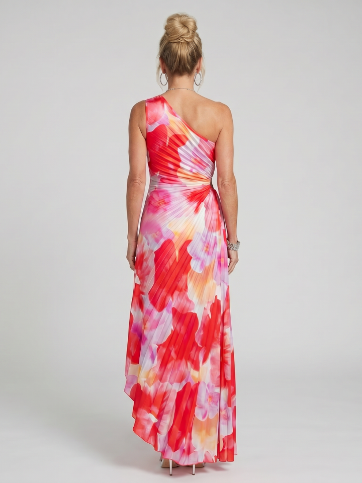 Inès | Robe Midi à Encolure Asymétrique et Corsage Plissé