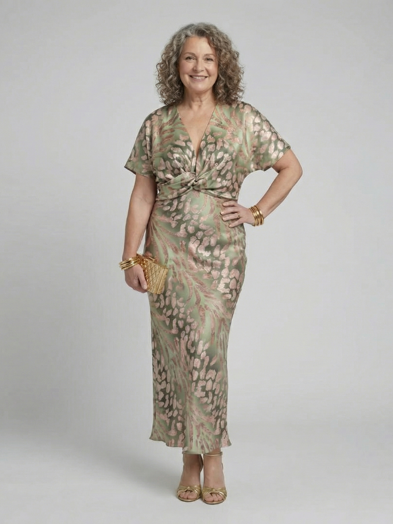 Capucine | Robe Midi à Imprimé Abstrait avec Décolleté en V et Taille Tordue