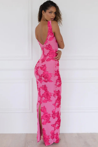 Auxane | Robe Maxi Dentelle Fleurie Fuchsia