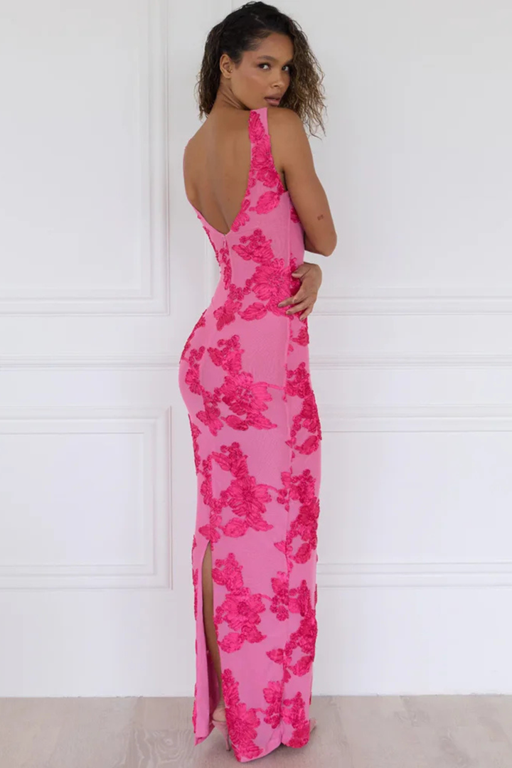 Auxane | Robe Maxi Dentelle Fleurie Fuchsia