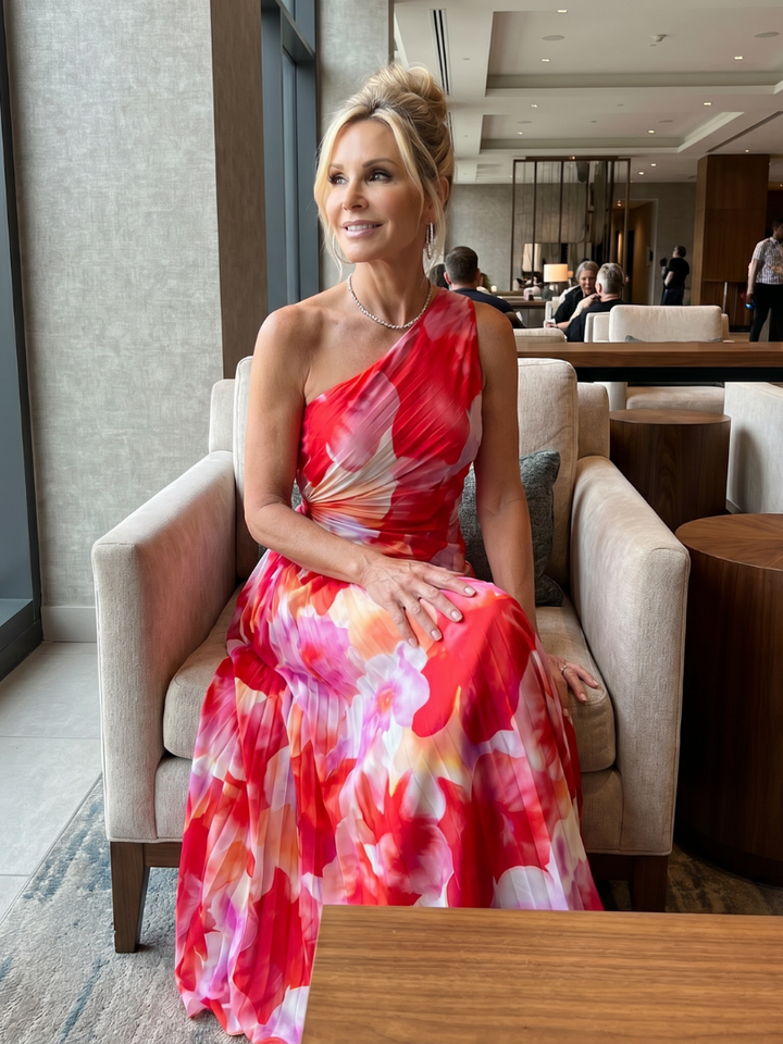 Inès | Robe Midi à Encolure Asymétrique et Corsage Plissé