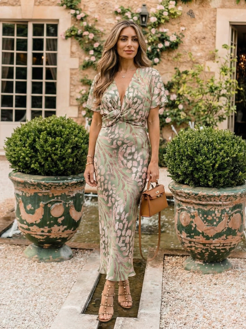 Capucine | Robe Midi à Imprimé Abstrait avec Décolleté en V et Taille Tordue