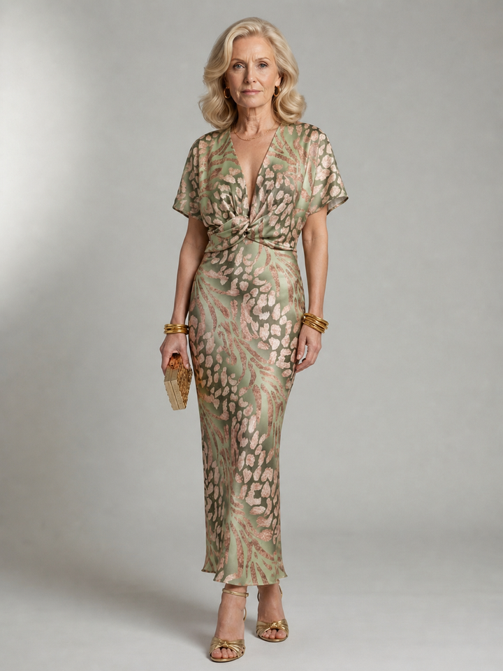 Capucine | Robe Midi à Imprimé Abstrait avec Décolleté en V et Taille Tordue