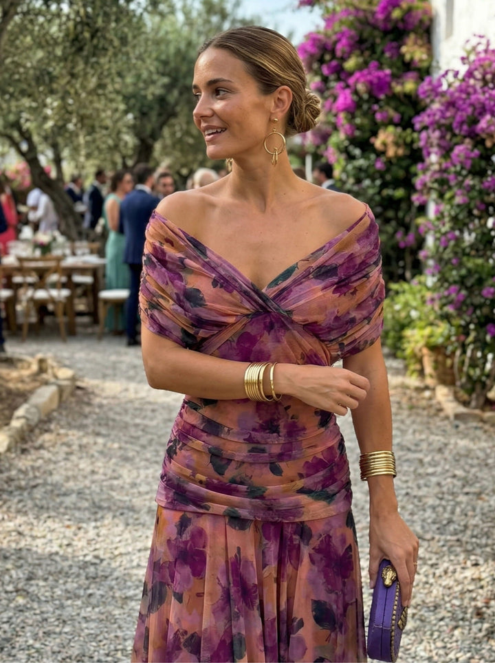 Lysandre | Robe Maxi Drapée Épaules Dénudées
