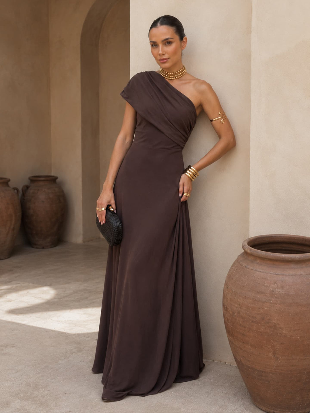 Zénaïde | Robe Maxi Monopaule Marron Chocolat