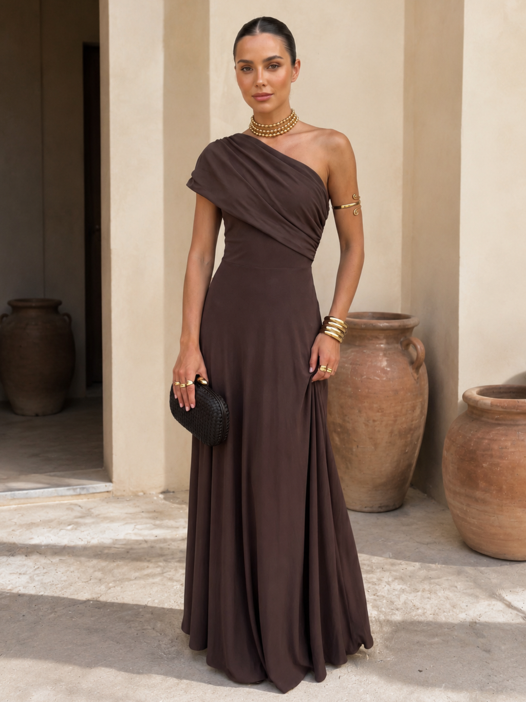 Zénaïde | Robe Maxi Monopaule Marron Chocolat