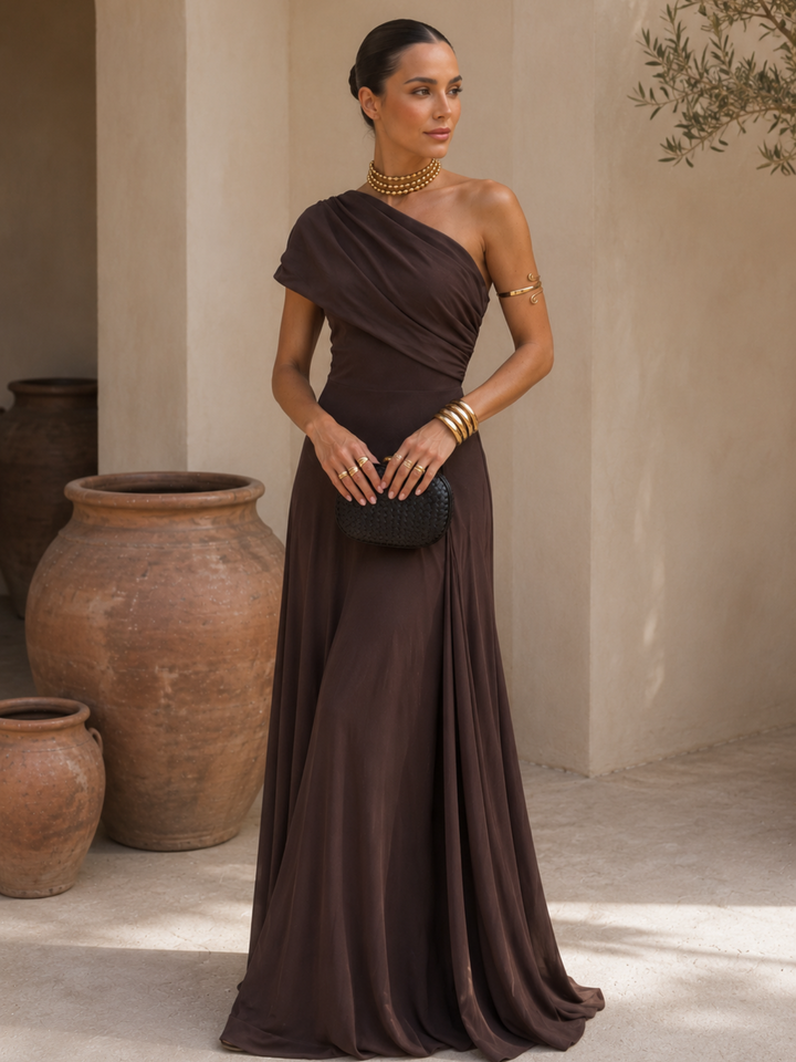 Zénaïde | Robe Maxi Monopaule Marron Chocolat