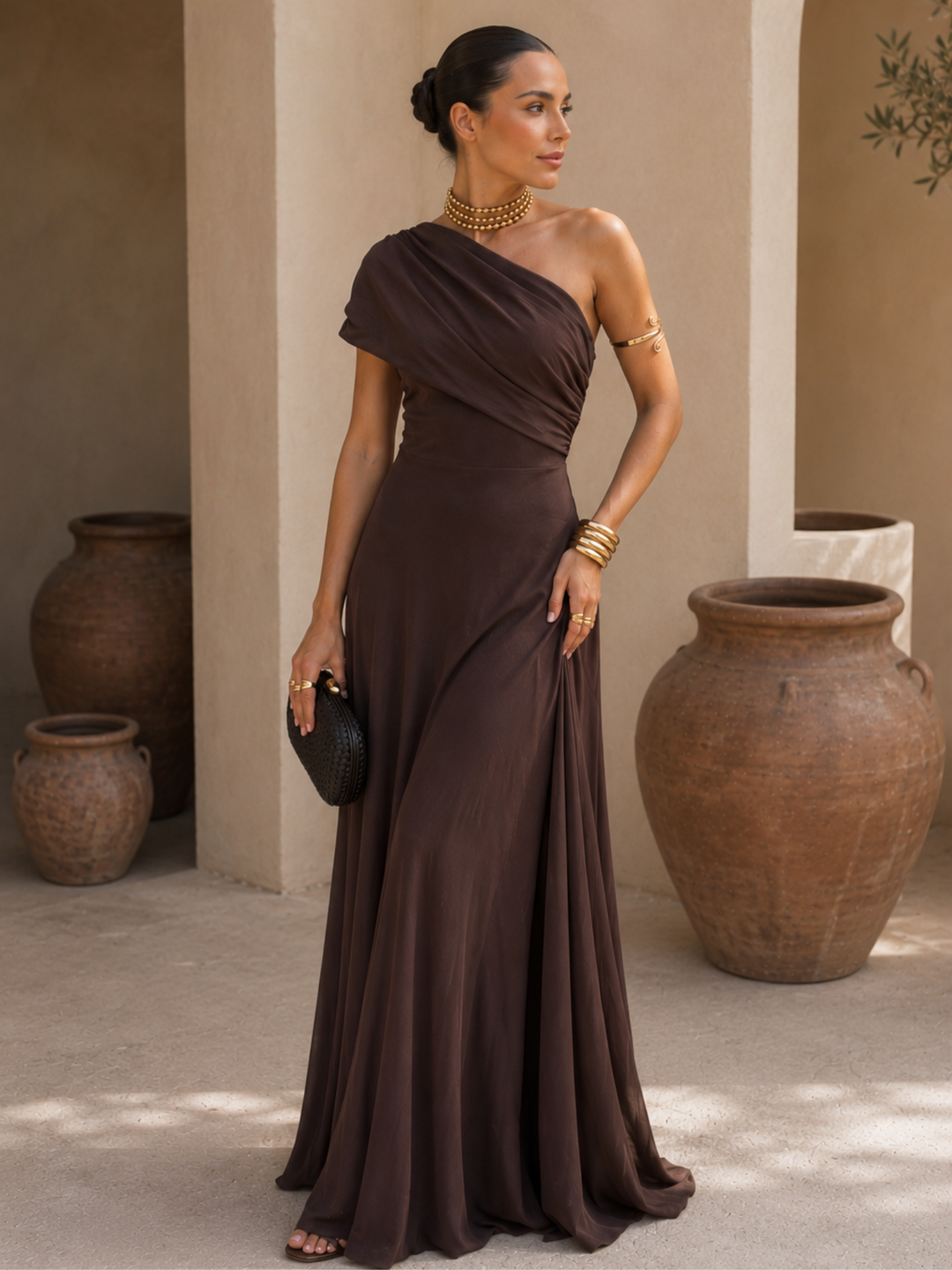 Zénaïde | Robe Maxi Monopaule Marron Chocolat