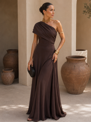 Zénaïde | Robe Maxi Monopaule Marron Chocolat