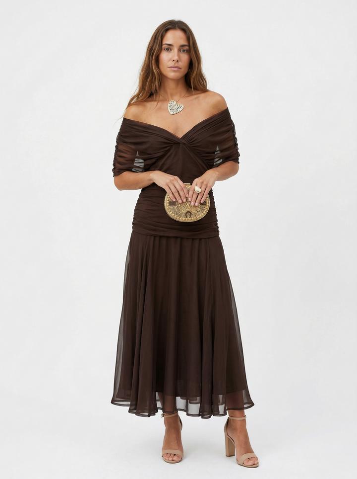 Lysandre | Robe Maxi Drapée Épaules Dénudées