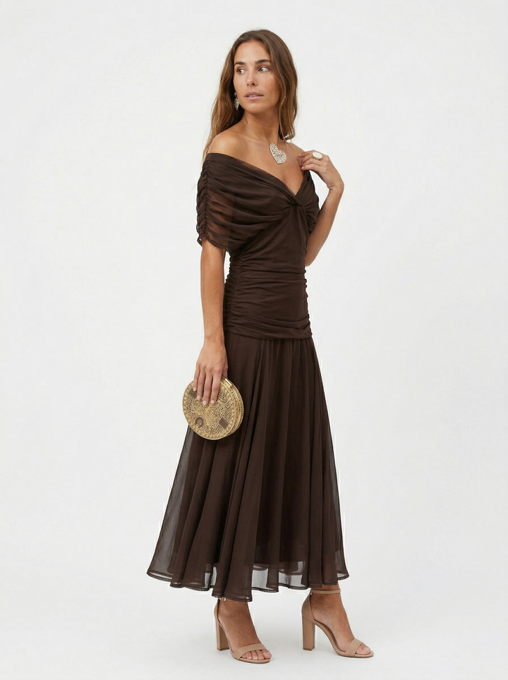 Lysandre | Robe Maxi Drapée Épaules Dénudées