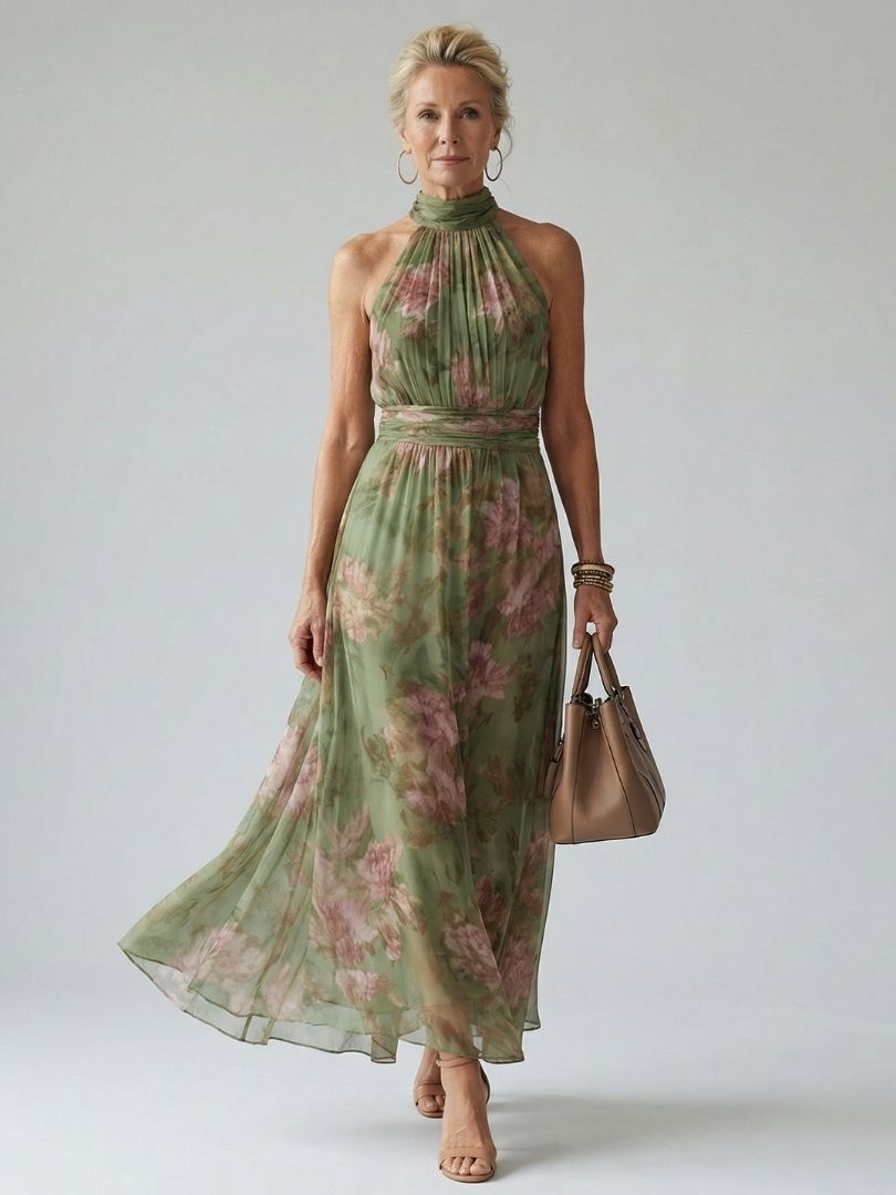 Adèle | Robe Midi à Encolure Halter Rassemblée