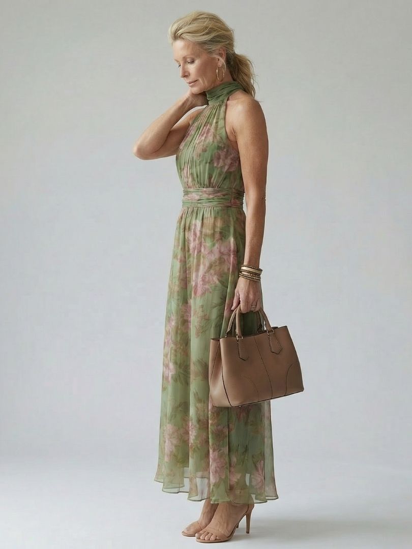Adèle | Robe Midi à Encolure Halter Rassemblée