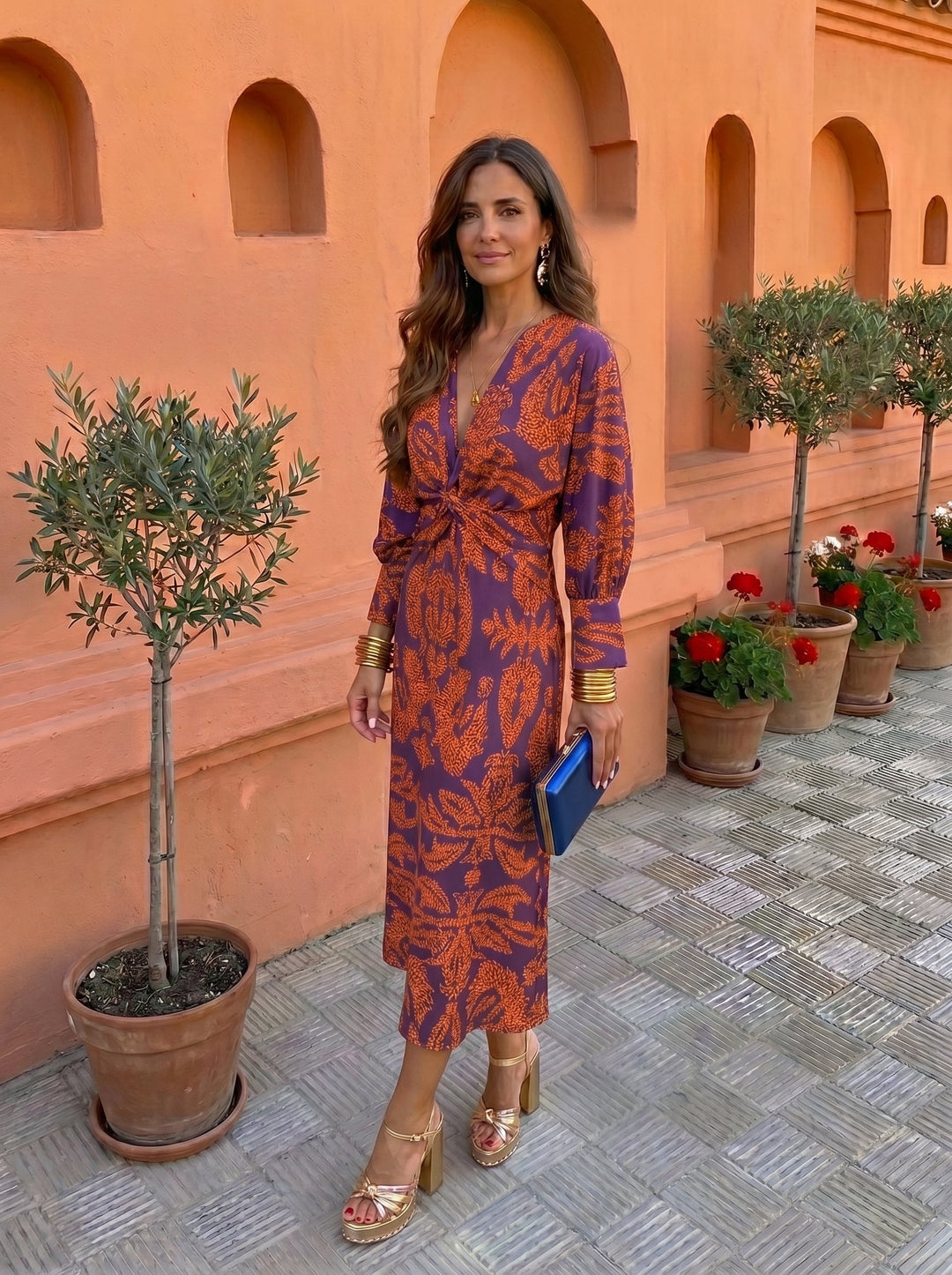 Madrigal | Robe Midi Nœud Taille Manches Longues