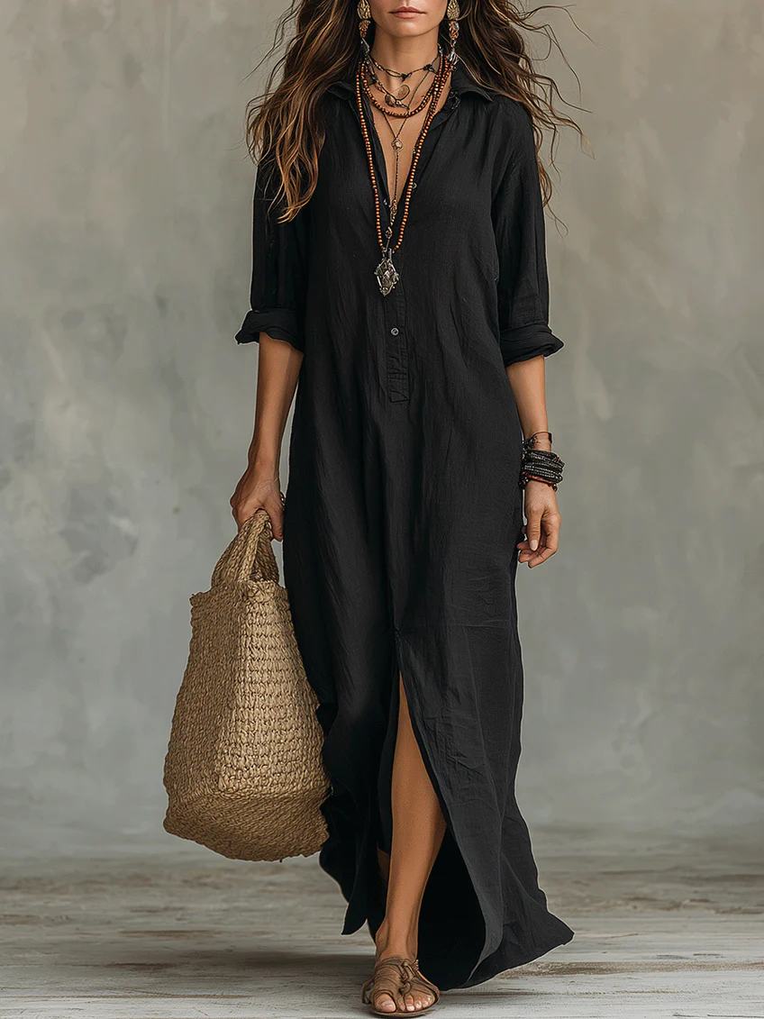 Solène | Robe Maxi à Manches Longues avec Boutons